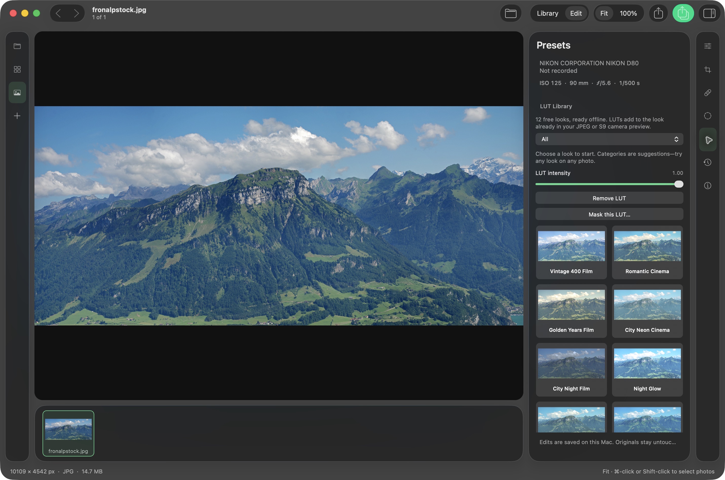 openstill’s presets panel with visual previews from its included lut library
